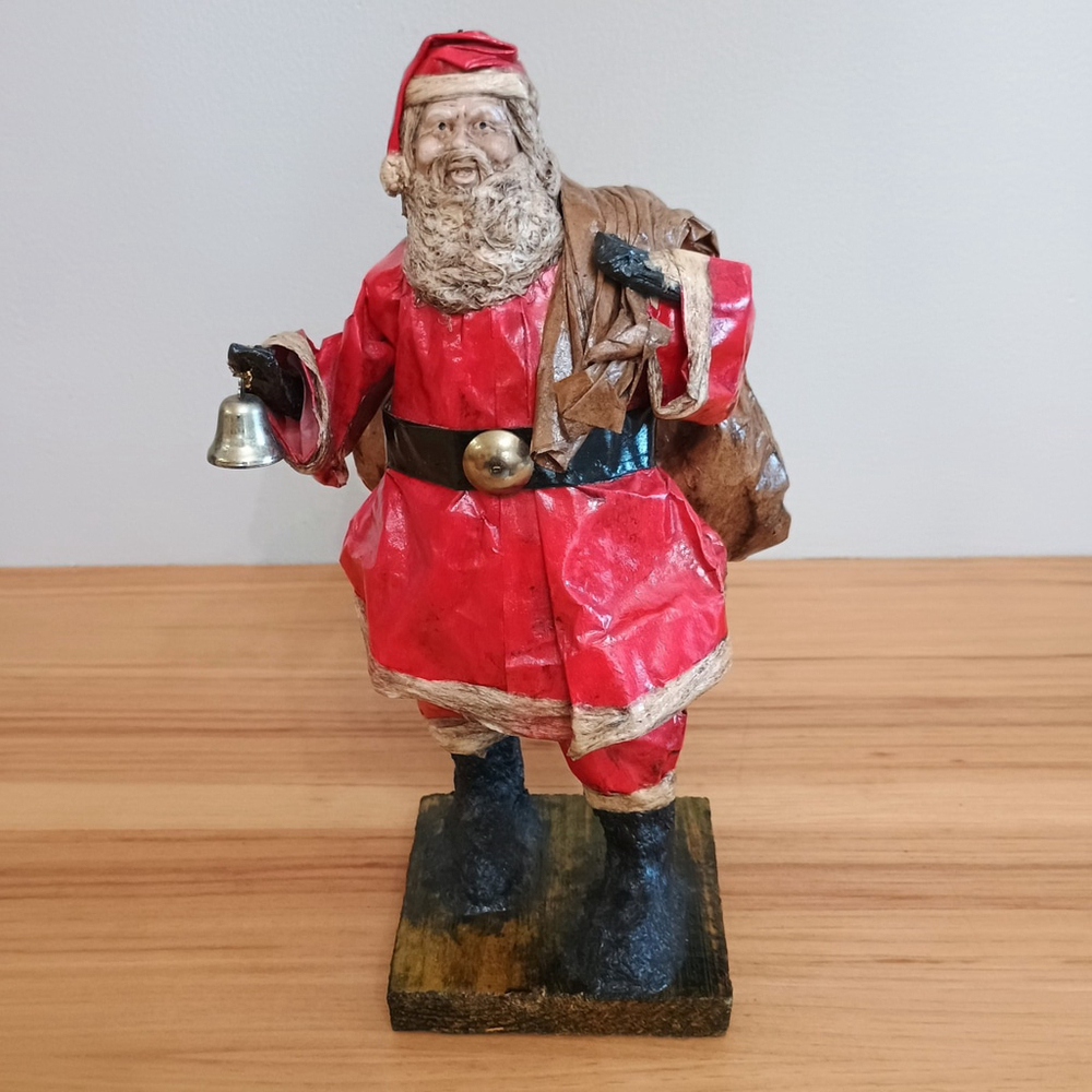 Vintage Handmade Paper Mache Santa Claus W/ Bell & Sack Christmas Statue Figure
